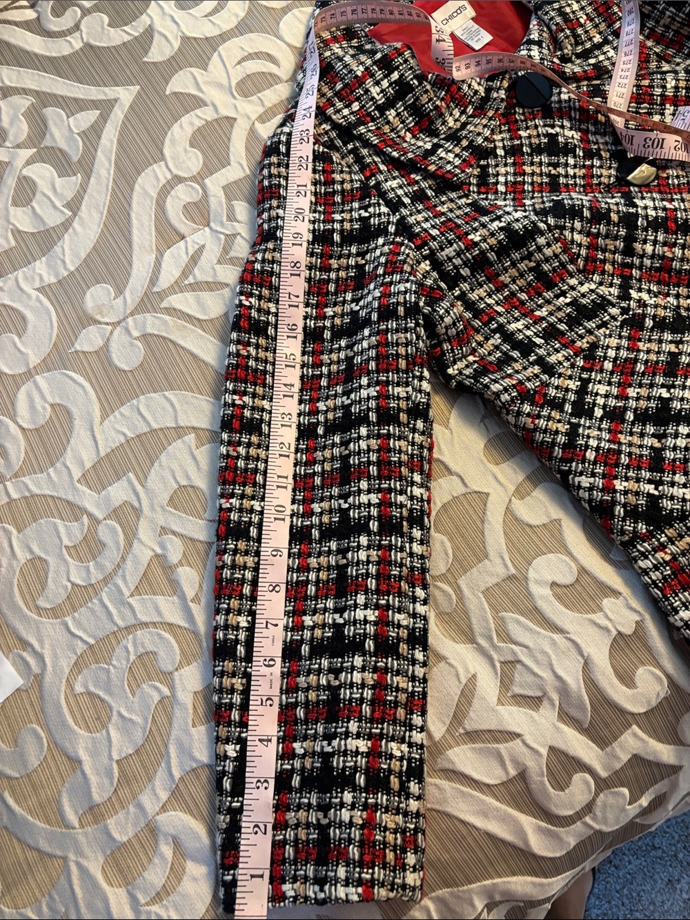 Chico's Black, White & Red Plaid Tweed Pea Coat - Picture 6 of 6